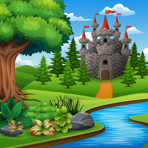 城堡的动画片例证在小山风景