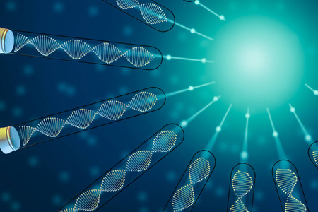 半圈试管与白色 dna 螺旋在他们深蓝色背景与耀斑。生物技术的概念。3d 渲染