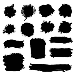 手绘抽象黑色油漆笔触, 框, 波, 圆形, 椭圆形, 圆形, 长方形, 边框。在白色背景上被隔绝的形状的向量集合, 框架