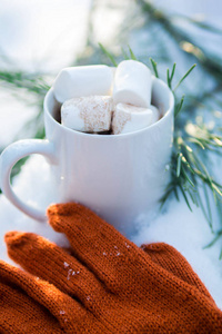 杯加在雪中的棉花糖的咖啡