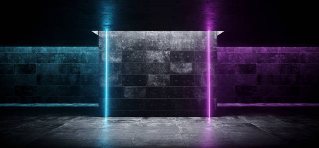 现代未来派科幻黑暗空的混凝土房间与空的空间为文本与紫色和蓝色霓虹灯线管背景壁纸3d 渲染插图