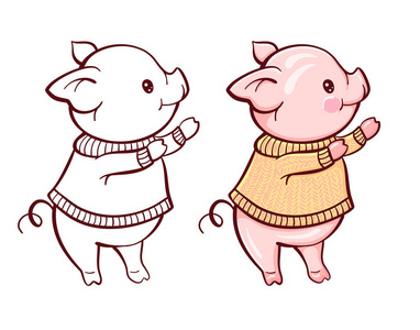 冬天例证与可爱的动画片猪。彩绘和单色版本。向量