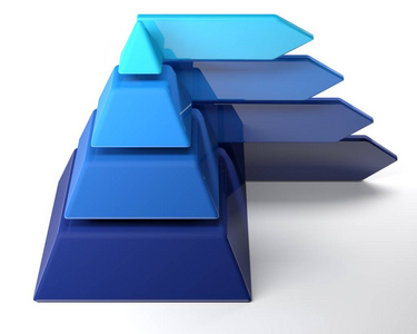 金字塔切片4个不同的部分, 其中出4个箭头, 在4种不同的蓝色3d 渲染插图