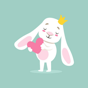 少女可爱小白色宠物兔子公主皇冠抱着一颗粉红色的心,卡通人物生活