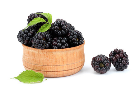黑莓在白色背景上孤立的木碗