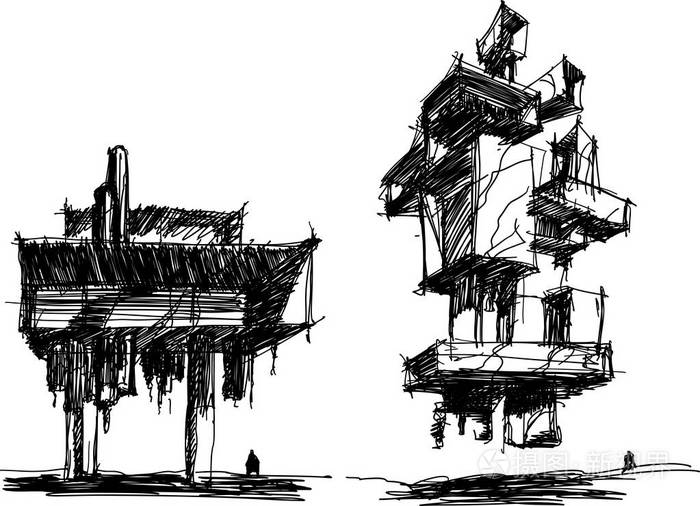 两个手绘的建筑素描现代抽象未来主义建筑与周围的人