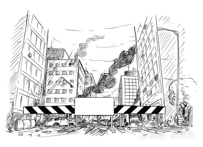 被战争,暴动或灾难摧毁的城市街道手绘图