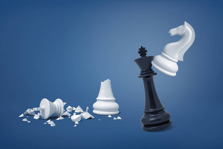 3d 渲染的白色国际象棋骑士击中了一个黑国王附近的白色国王的碎片