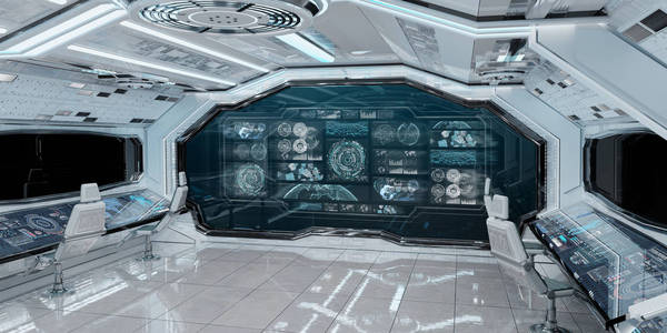 白色太空飞船内部空间与控制面板数字屏幕3d 渲染