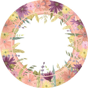 水彩边框边框。紫色, 粉红色和黄色的花, 有枝条, 叶, 叶。完美的婚礼, 邀请, 贺卡, 拨号, 报价, 图案, 标志, 文字