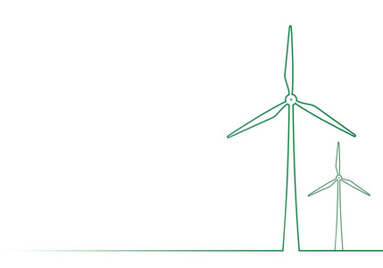在白色背景上的一片草地上的两个风力涡轮机的绿色轮廓 抽象背景环境能源的国家