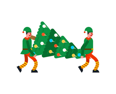 圣精灵搬运工携带圣诞树。搬运工和云杉。装载机搬运工抱着冷杉。新年和圣诞节向量例证