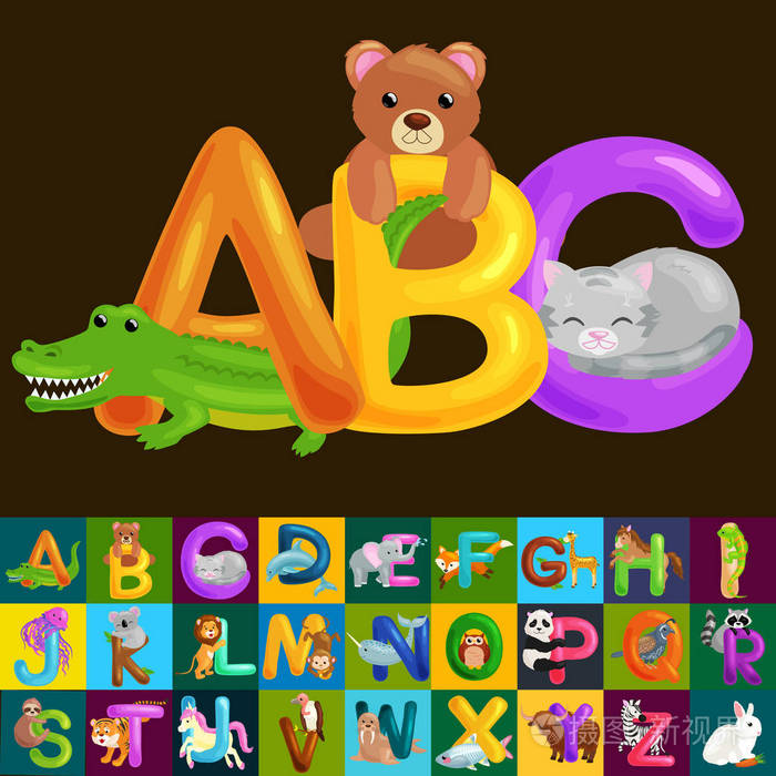 学校或幼儿园儿童孤立的字母表教育 abc 动物字母