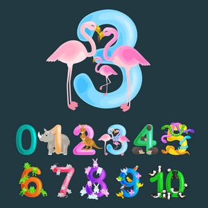 序号 3 为教孩子计数能力计算量动物 abc 字母幼儿园书或小学海报集合矢量图三火烈鸟
