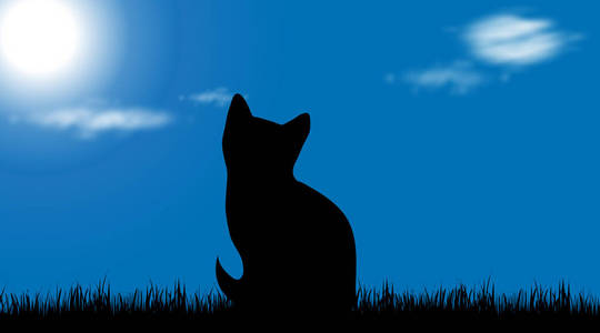 在阳光明媚的日子在草地上的猫的向量剪影
