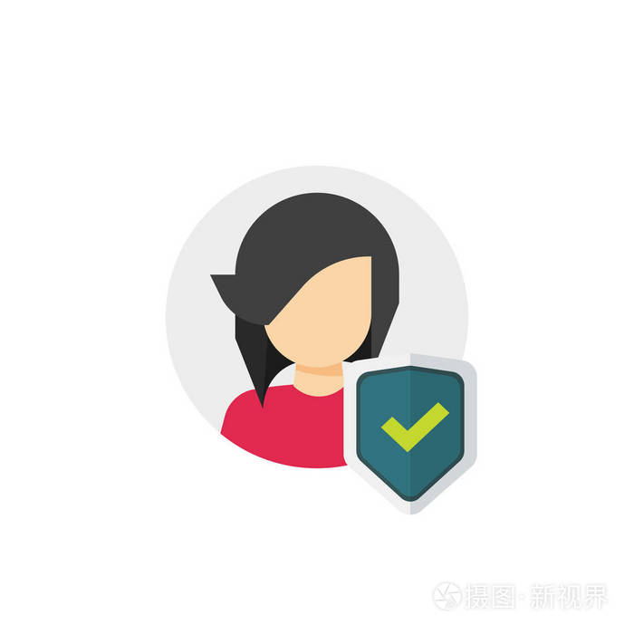 隐私图标向量 平面卡通盾牌复选标记与用户剪影符号 个人保护真实的