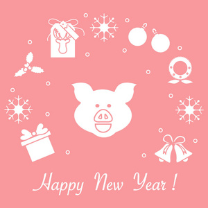 新年快乐2019卡。圣诞花环, 猪, 礼品标签, 槲寄生, 礼品盒, 球, 铃铛, 雪花。猪是2019中国新年的象征