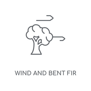风和弯曲冷杉线性图标。风风和弯冷杉概念笔画符号设计。薄的图形元素向量例证, 在白色背景上的轮廓样式, eps 10