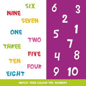 匹配, 然后着色数字1到10。孩子们的单词学习游戏, 工作表与简单的丰富多彩的图形。儿童教育学习颜色主题和词汇。向量例证