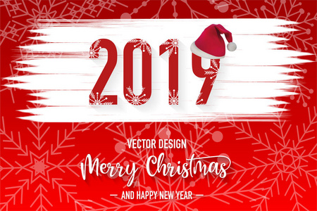 2019圣诞快乐红色背景与雪花和圣诞老人帽子向量, 例证, eps 文件