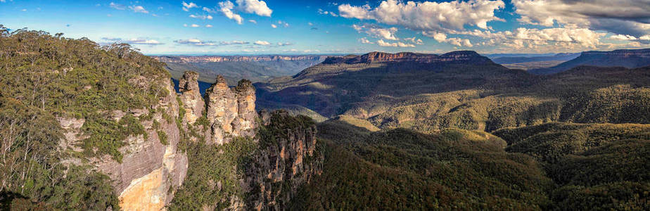 2013年10月8日在澳大利亚 nsw 蓝山拍摄的三姐妹和蓝山峡谷全景