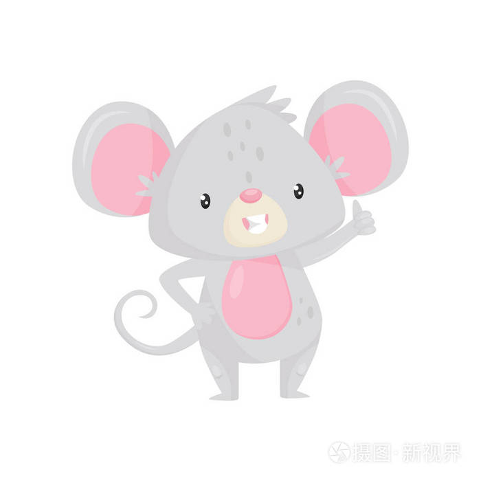可爱的小老鼠站着 露出大拇指.有趣的卡通人物.平面矢量图标