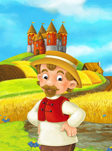 动画片场面农夫在站立在城堡附近的领域例证为孩子