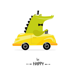 海报 开心, 车上有鳄鱼。黄色的车一个玩具