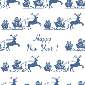 新年快乐2019无缝模式。矢量插图圣诞老人与礼物在雪橇与驯鹿。打印设计