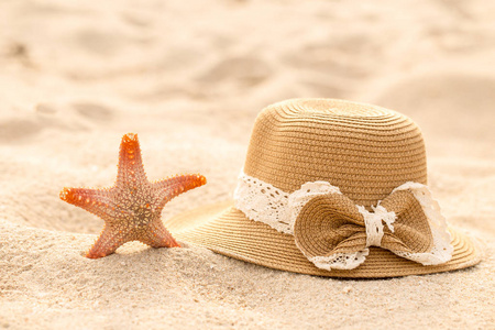 海星，在海滩上，戴上的帽子概念夏天