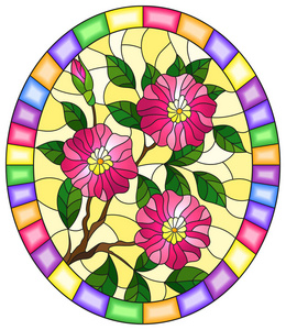 彩色玻璃样式的例证与开花的植物的分支与粉红色的花在一个明亮的框架, 椭圆形的图象在黄色背景