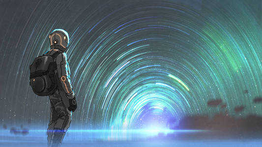 宇航员的科幻场景站在星光隧道入口前, 数字艺术风格, 插图绘画