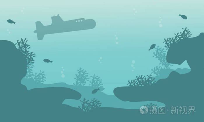 潜艇和礁海洋景观的剪影