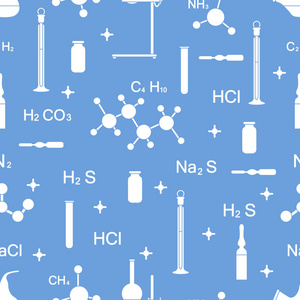 科学的向量无缝模式与烧瓶, 试管, 烧杯, 工具和公式。教育要素。化学, 生物学, 医学