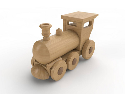 儿童玩具机车, 木制火车。3d 插图隔离在白色背景上。特写, 3d 渲染