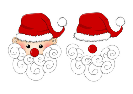 圣诞老人, 圣诞老人帽, 红鼻子和白胡子查出的白色背景。向量例证