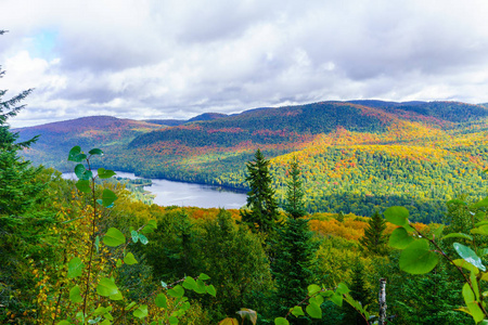 加拿大魁北克蒙特朗布朗国家公园的拉平比纳山谷的景色与秋天的树叶颜色