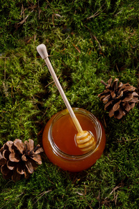 蜂蜜粘在一罐芳香的蜂蜜里。森林苔藓和圆锥上的一罐蜂蜜。从上面看