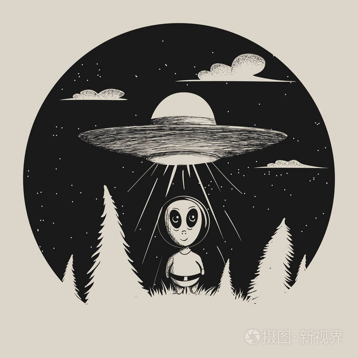 甜蜜的人形机器人登陆从不明飞行物在森林里