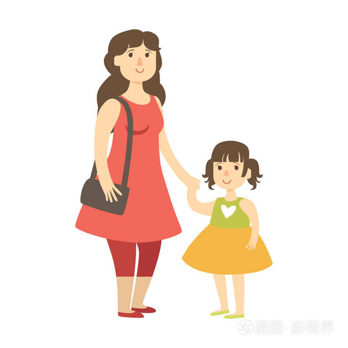 母亲和小女儿手牵手,从快乐爱心家庭系列图