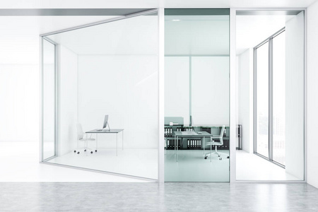现代法公司内部办公室与经理工作场所, 玻璃和白色墙壁和白色桌椅。计算机和文件夹行。3d 渲染