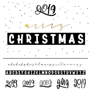 圣诞快乐2019年。新年口号, 或室内海报, 可以作为礼品卡的设计。手绘字体集。矢量徽标字体。您的设计的排版字母表 徽章, 字