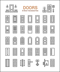 门道和硬件。一套不同类型的门和家具。入口和法国玻璃门。行图标集合。体系结构元素