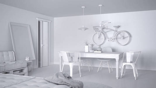 全白项目的斯堪的纳维亚简约客厅与沙发和老式餐桌, 当代建筑室内设计