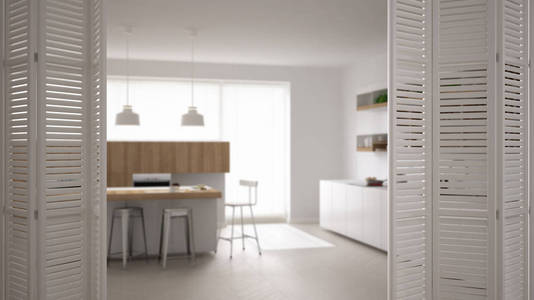 白色折叠门打开现代豪华简约的白色和木制厨房, 室内设计, 建筑师设计师的概念, 模糊的背景