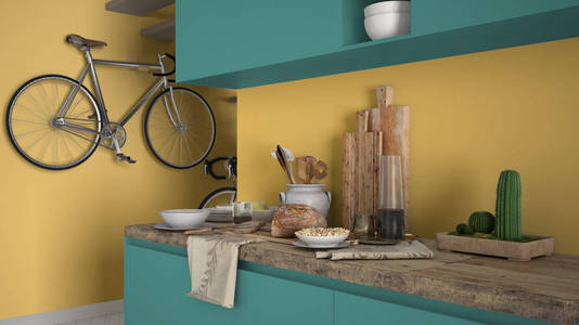 简约的现代厨房与健康的早餐, 彩色当代黄色和绿松石室内设计