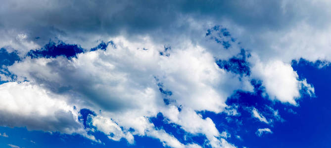 多云的蓝色天空，全景视图