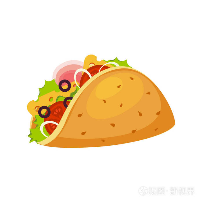 与玉米饼, 火腿和蔬菜,街头快餐咖啡馆菜单项炫彩矢量图标,taco 包装