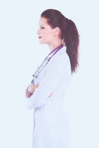年轻女医生的画像, 白色大衣站在医院。年轻女医生肖像