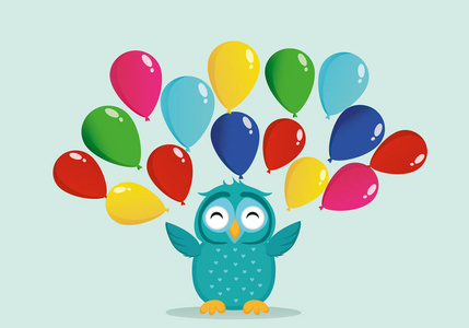 可爱的猫头鹰有幸福的笑容，翻转许多五颜六色的气球